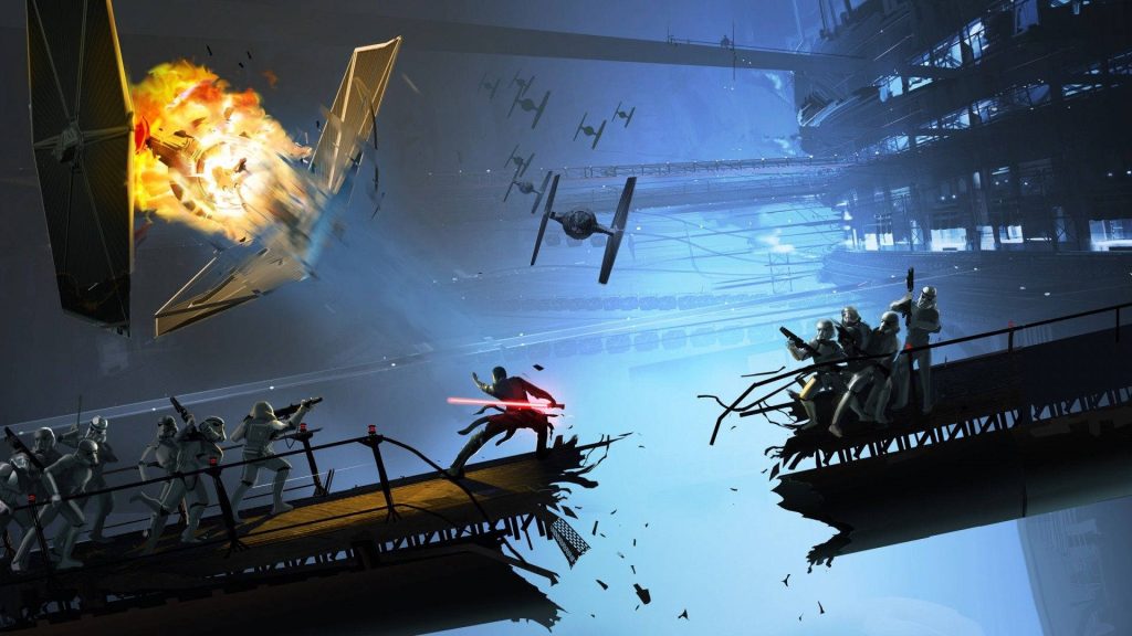 Star Wars The Force Unleashed Starkiller battles stormtroopers on catwalk with exploding TIE fighter Wallpaper