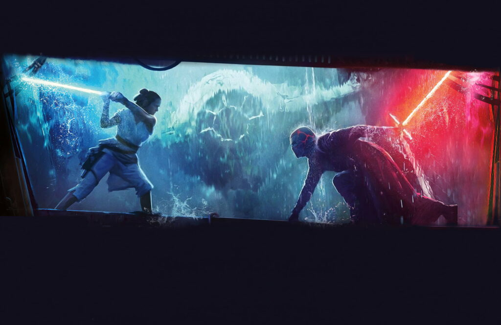 The Epic Showdown: Rey vs Kylo Ren in Star Wars: The Rise of Skywalker - QHD Wallpaper Background Photo
