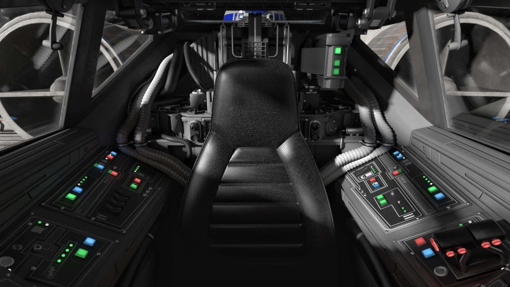 X-wing cockpit digital art with pilot seat glowing controls and R2-D2 Star Wars wallpaper background
