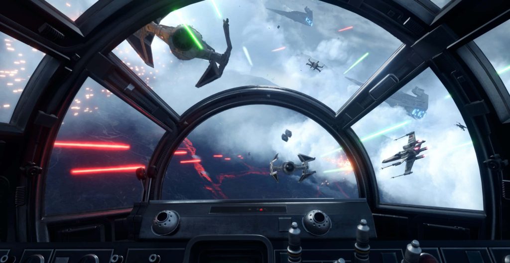Star Wars X-Wing dogfight over volcanic planet with laser fire TIE fighters and Star Destroyer Wallpaper