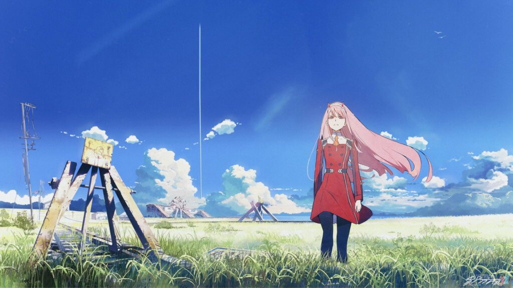 Devoted Duo: Zero Two and Hiro Embracing Freedom amidst Heavenly Anime Scenery Wallpaper
