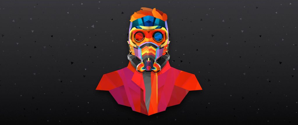 Vibrant low-poly Star-Lord mask digital art wallpaper on dark gray background for desktop