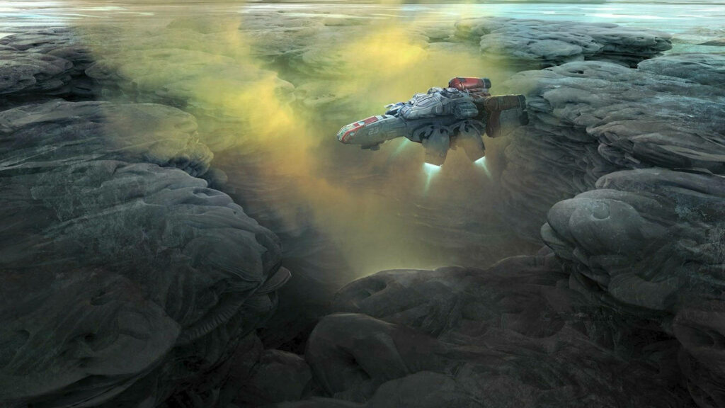 Starfield battleship descends through yellow mist glowing engines over alien rugged terrain wallpaper