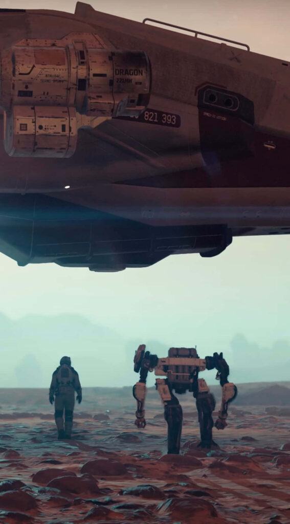 Starfield explorer and robot beneath massive spaceship on barren Mars-like planet wallpaper background