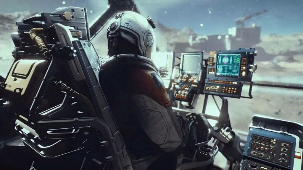 Starfield pilot astronaut in high-tech cockpit ready for mission on distant moon surface wallpaper