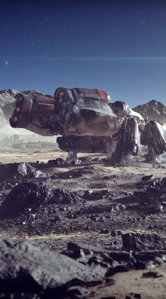 Starfield spaceship landing on desert planet with rugged mountains rocky terrain blue sky wallpaper