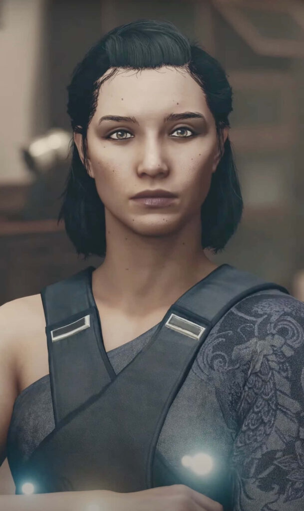 Strong female Starfield character with detailed arm tattoo against futuristic wallpaper background