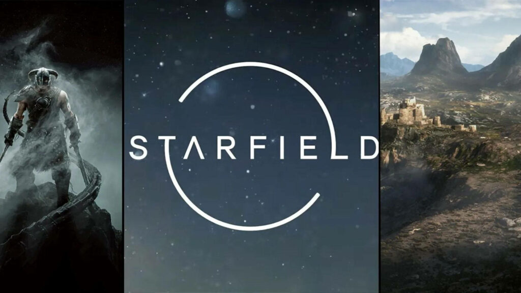 Starfield wallpaper with cosmic logo futuristic armored warrior and distant sprawling civilization background