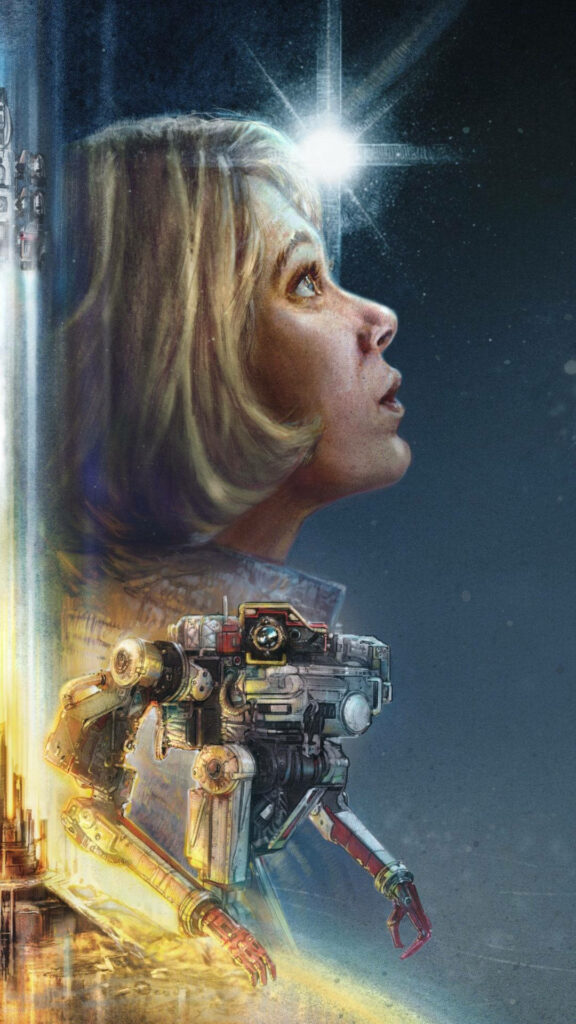 Starfield character gazing up with detailed robot companion against cosmic futuristic backdrop wallpaper