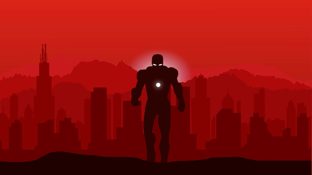 Red-Hued Marvel: Iron Man's Commanding Stance Overlooking Cityscape in Full HD Wallpaper