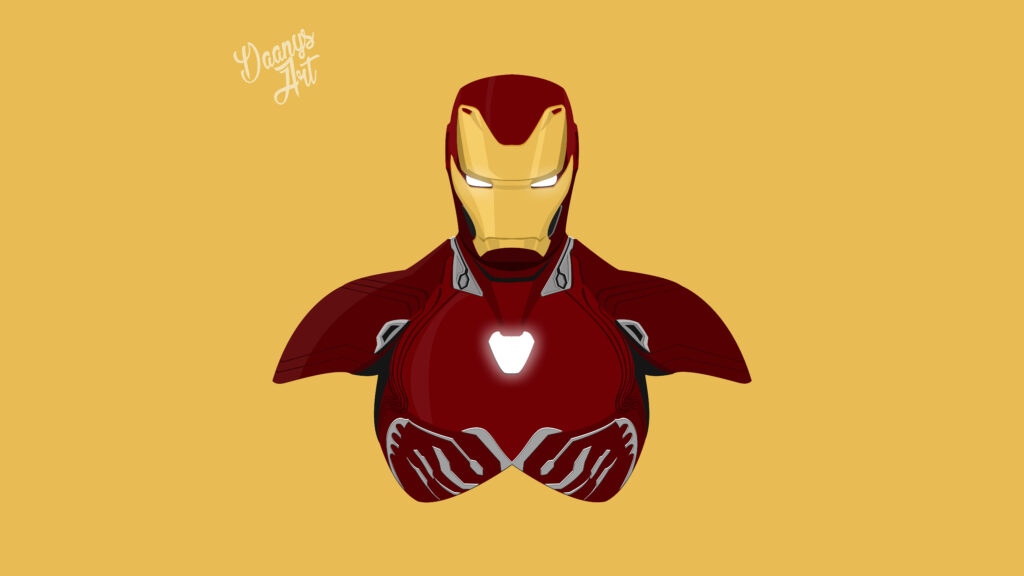 Minimalist Iron Man wallpaper with glowing arc reactor on red gold armor and mustard background
