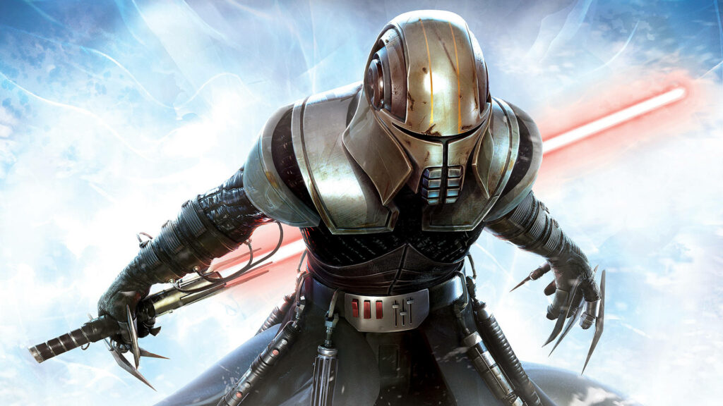 Starkiller Action Wallpaper: Intense Pose & Red Lightsaber Background