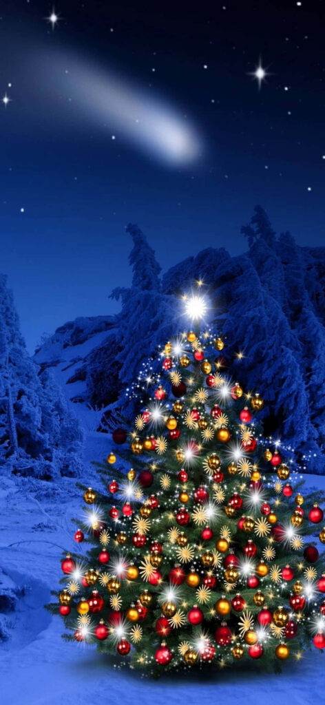Festive Christmas Tree Wallpaper: Serene Snowy Night Background