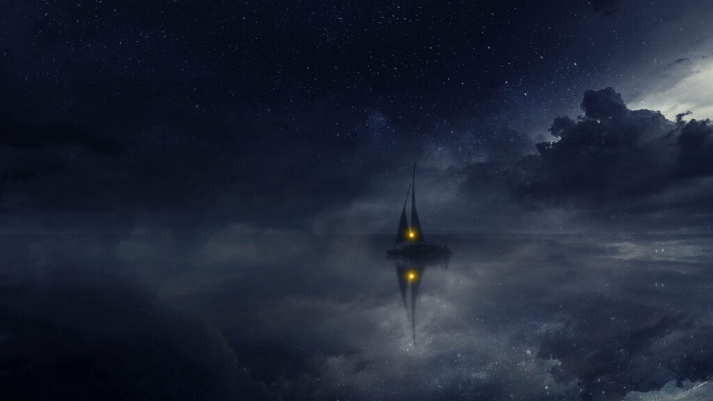 Serene Night Scene: Boat on Still Waters Under Starlit Sky Wallpaper