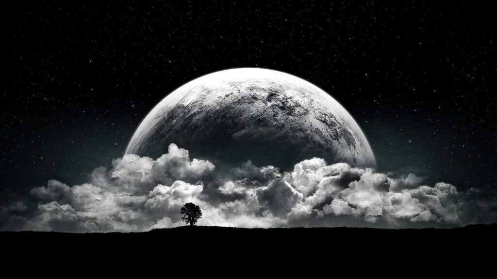 Starlit Black and White Wallpaper: Planet & Clouds with Tree Silhouette