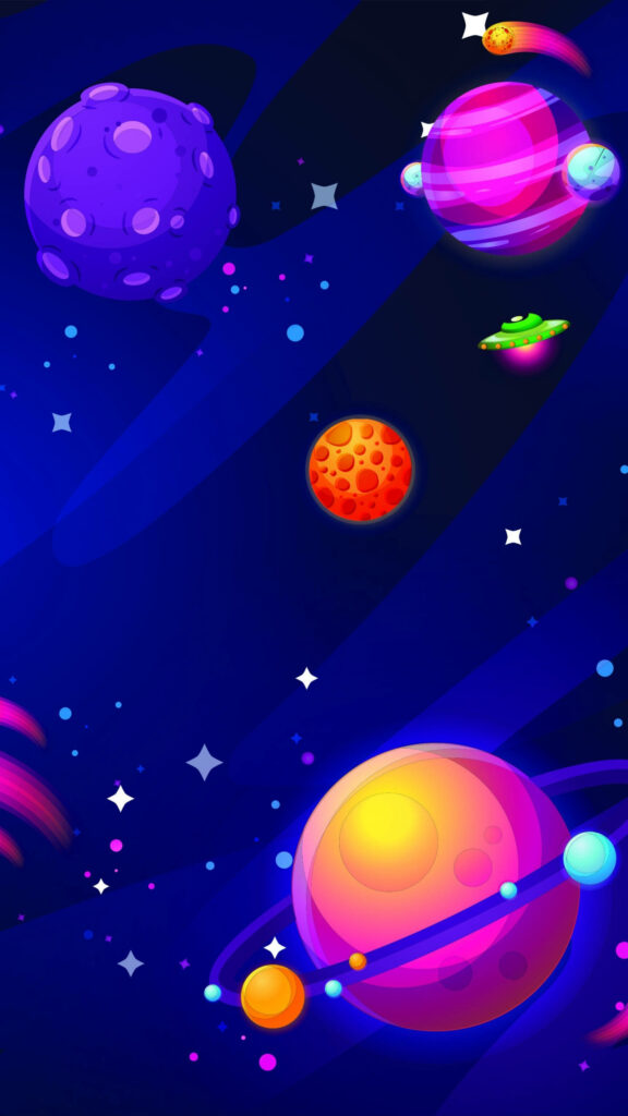 Out-of-this-World Galaxy Wallpaper: Vibrant UFO Planets Amidst Celestial Patterns on a Stellar Blue Canvas