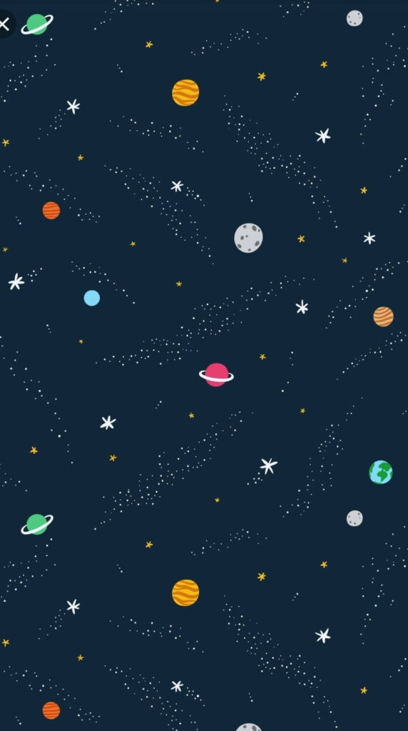 Vector cartoon planets and stars on navy blue space background iPhone wallpaper design