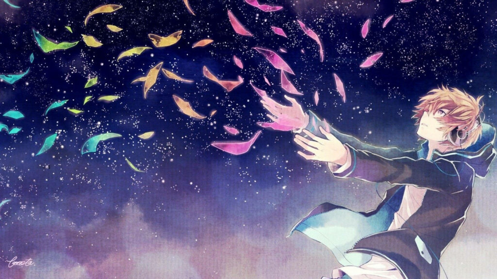 Starry Dreamscape: Cool Anime Wallpaper Featuring a Dreaming Boy With Headphones and Floating Leaves in 1080p Full HD 1920x1080 Resolution