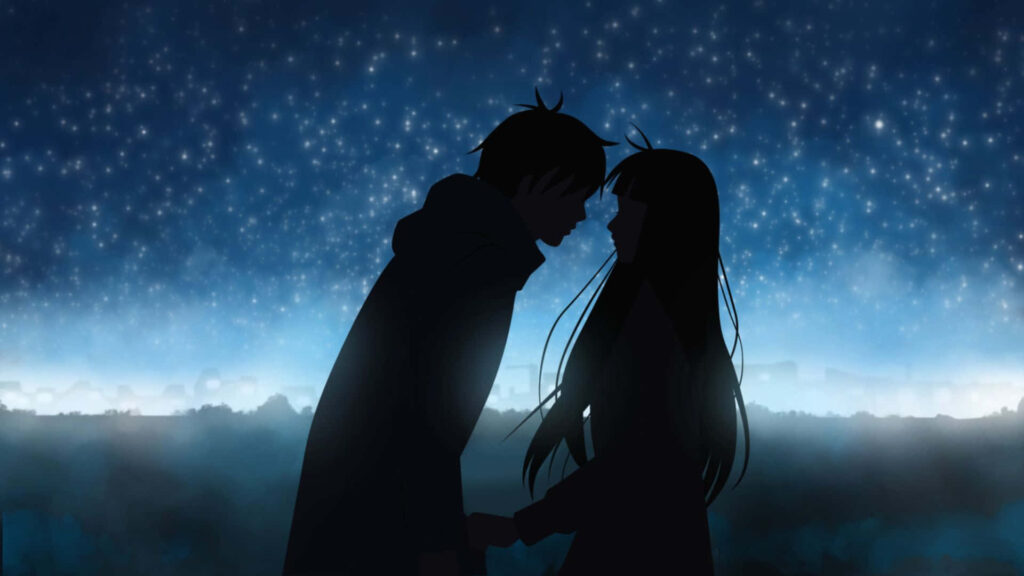 Starry Affair: A Blue Anime Aesthetic Desktop Wallpaper of a Romantic Couple Caught Almost Kissing Against a Starry Sky Background