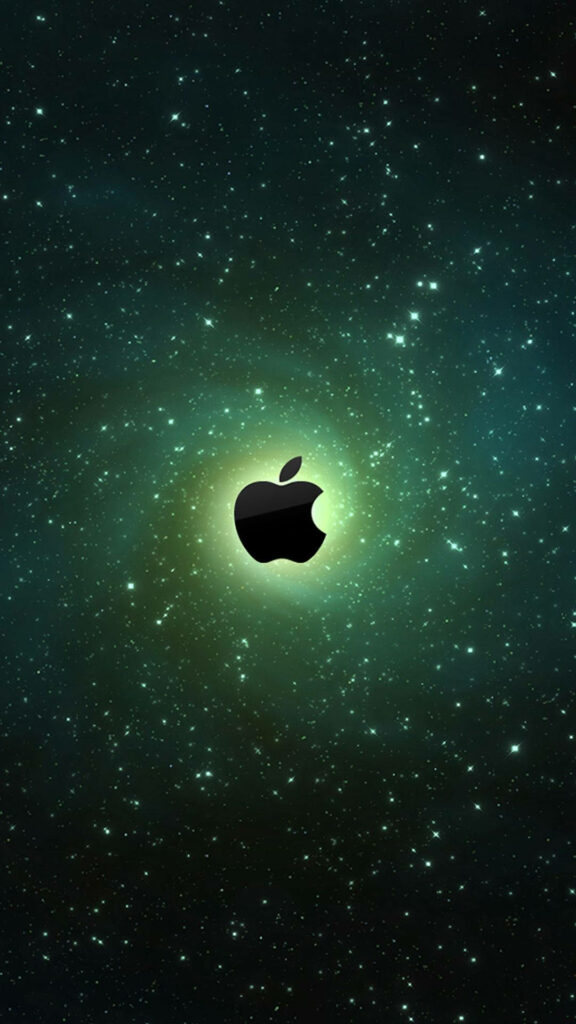 Glossy black Apple logo on vibrant green cosmic nebula with stars high contrast iPhone wallpaper
