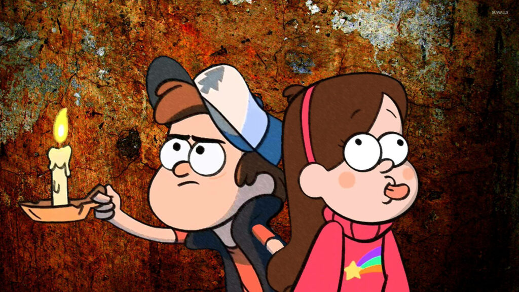 Starry Night Adventure with Mabel and Dipper Pines in Gravity Falls Wallpaper