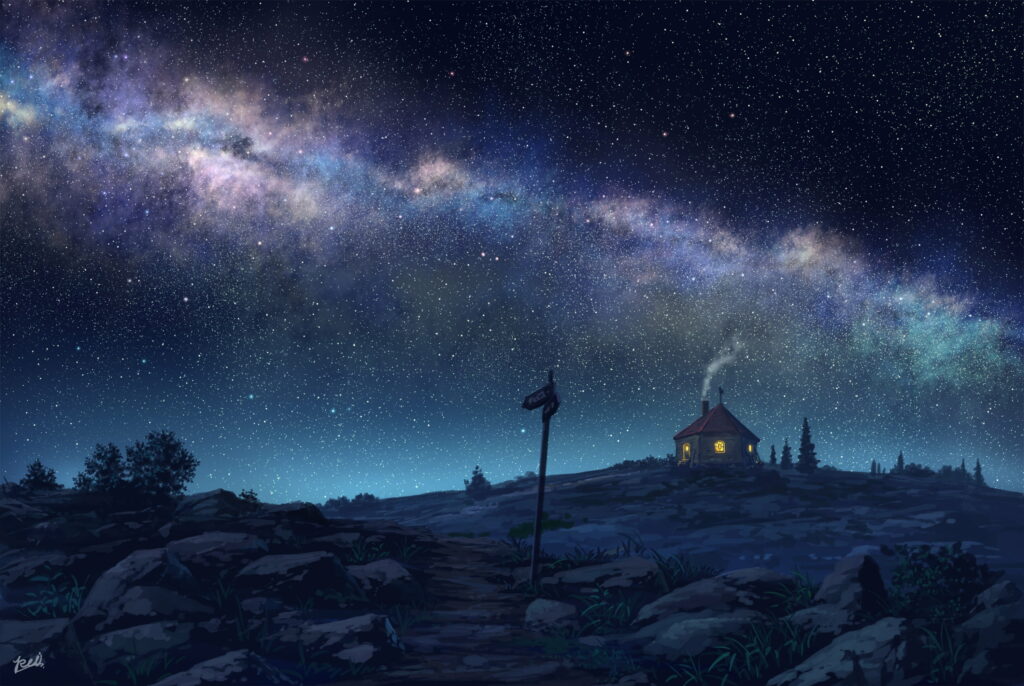 A Serene Anime Dream: Enchanting Night-time Haven amidst Starry Skies Wallpaper