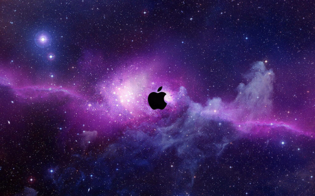 Starry Night: A Majestic Dark Purple Galaxy Background with Glimmering Stars and a Subtle Black Apple Logo Wallpaper