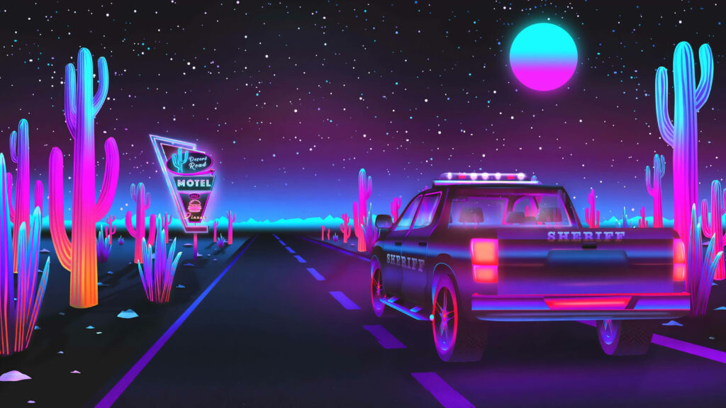 Midnight Journey: Surreal 4K Retrowave Scene of a Car Racing Through Neon Cacti on a Deserted Road Beneath a Stellar Night Sky Wallpaper