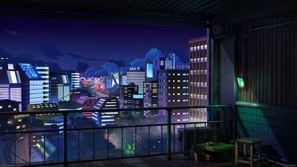 Starry Night Bliss: Spectacular Anime Cityscape at Dusk Wallpaper
