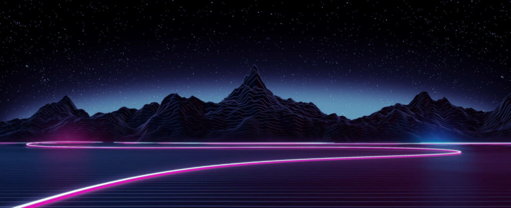 Starry Nights by the Retro Lake: A Mesmerizing QHD Background with Purple Light Patterns and Mountain Ranges Wallpaper