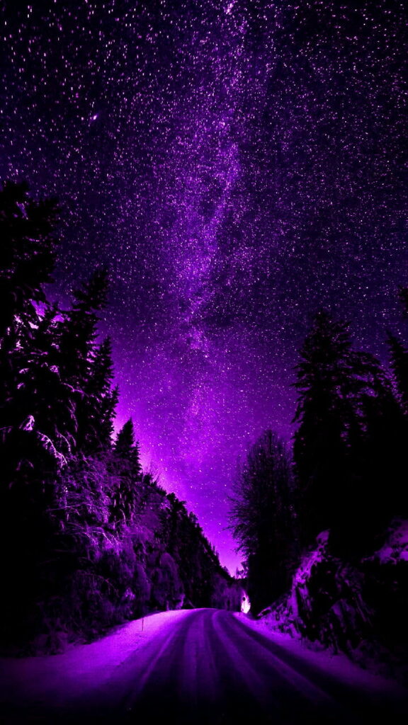 Starry Night Journey: HD Phone Wallpaper of a Purple Road Against a Luminous Night Sky in Nature