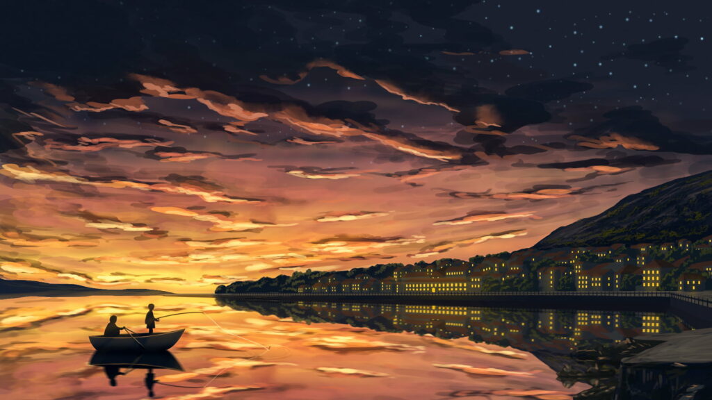 Nightscape Angling: Serene Starry Night Fishing Adventure Unfolded Wallpaper