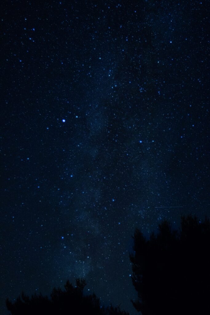 Starry night sky over Croatia with sparkling stars and tree silhouettes tranquil wallpaper background