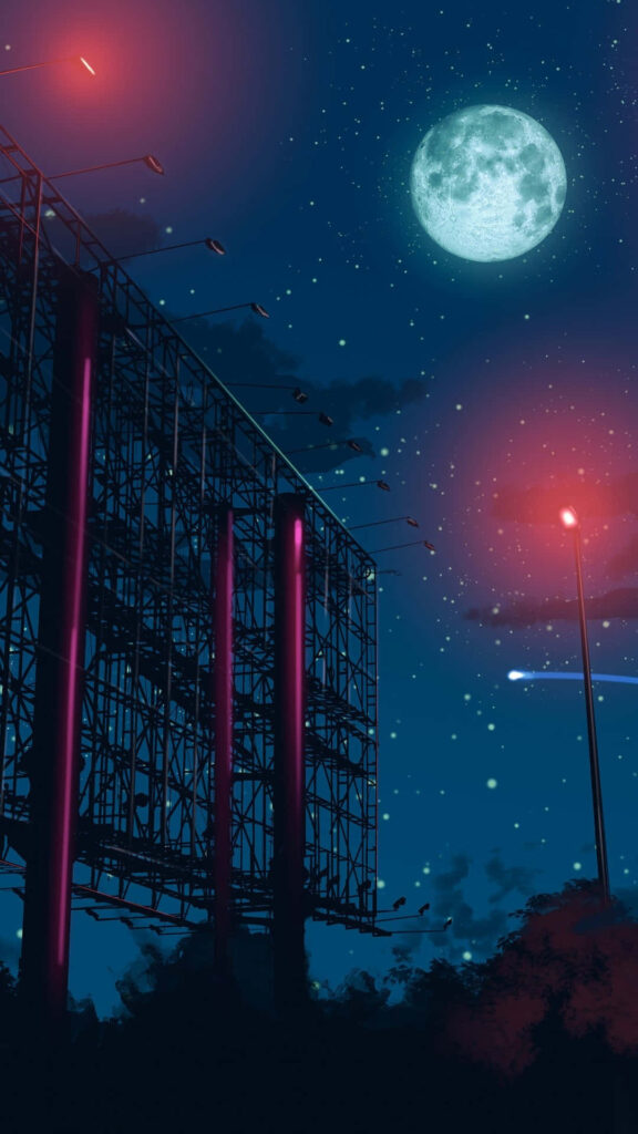 Starry Night Wallpaper: Full Moon & Scaffolding Silhouette Design