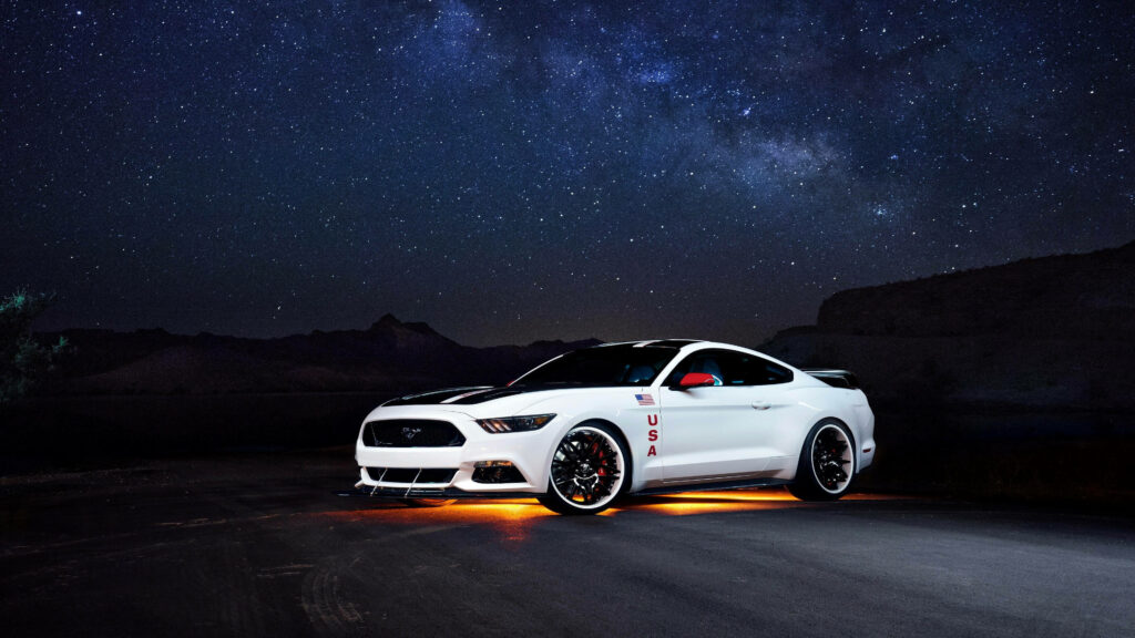 Glowing White Ford GT Apollo Edition Mustang against a Starry Sky - 4K Ultra HD Background Image Wallpaper