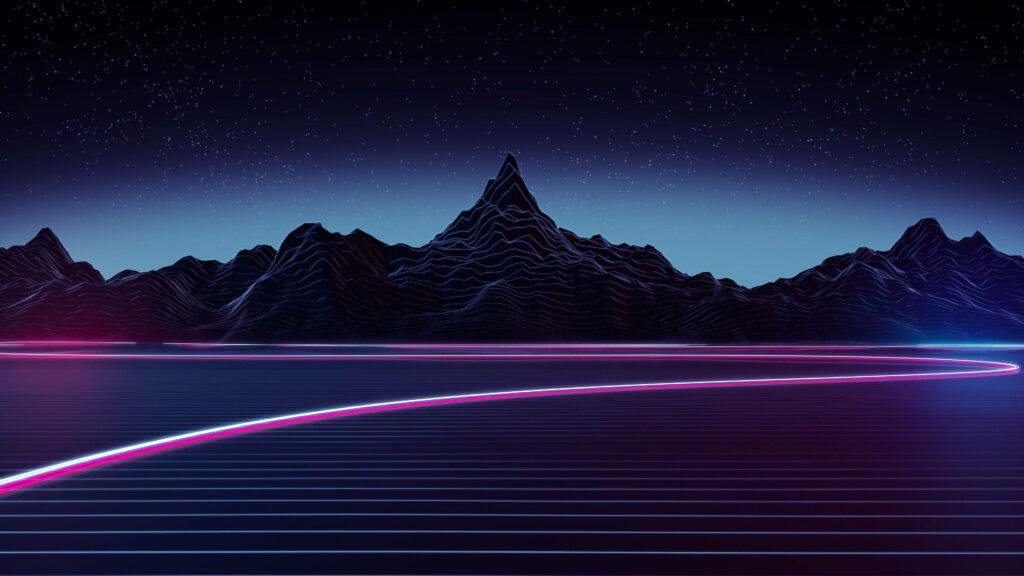 Neon Celestial Journey: Wired Nightscapes amidst Starlit Peaks Wallpaper