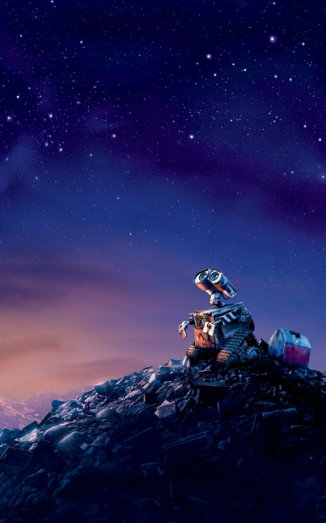 Starry-Eyed Wall-e: A Melodramatic Mobile Wallpaper of a Robot Standing Amidst the Garbage Metals under a Starry Sky