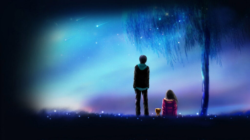 A Celestial Love Story: Anime Boy and Girl Embrace in Meteor-lit Night with Friends Wallpaper