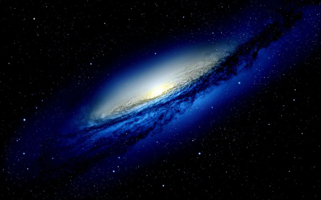 Vibrant blue swirling galaxy with glowing core and white stars on dark starry night background Wallpaper