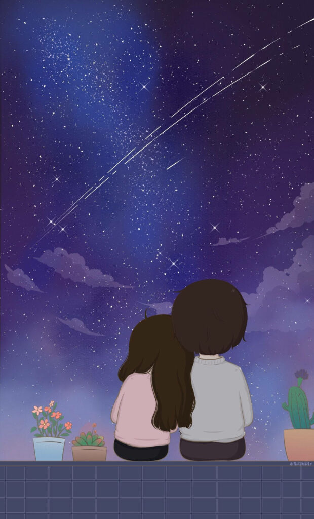 Celestial Love: Enchanting Cartoon of a Cute Couple Amidst a Falling Meteor in a Serene Purple Sky Wallpaper