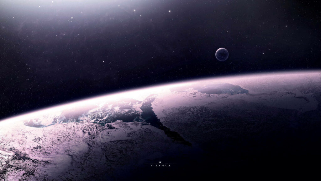 Serene violet planetary horizon with ethereal rim light and star-filled cosmic background wallpaper