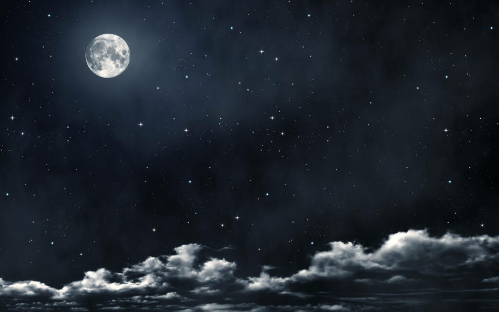 Majestic Lunar Glow: Enchanting Moonlight Illuminates the Star-Studded Night Sky Amidst Sublime Clouds Wallpaper