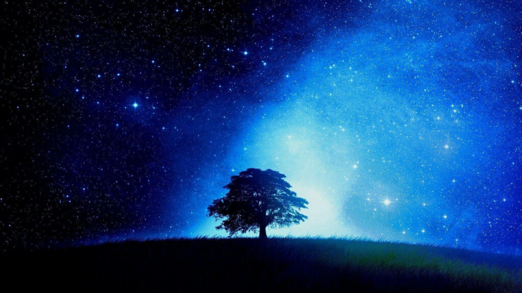 Vibrant Stellar Canopy Blankets Serene Field, Framed by Majestic Tree - Mesmerizing Blue Galaxy Background Picture Wallpaper
