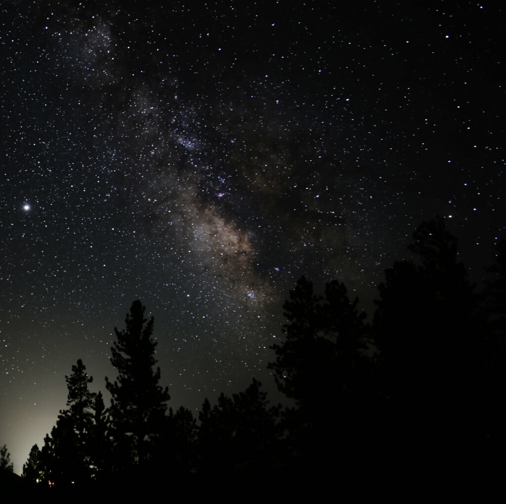 Starry sky with vibrant nebula above dark tree silhouettes serene nature astronomy wallpaper