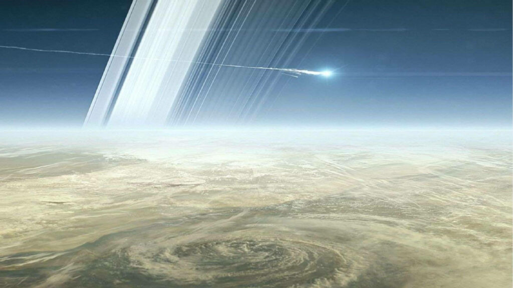 Captivating Celestial Encounter: Saturn's Majestic Atmosphere and Glorious Rings with Shooting Star Streaking Through - Mesmerizing 4k Saturn Background Wallpaper