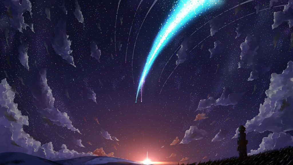 Stellar Split: Mitsuha's Gaze on Your Name Anime's Nighttime Cosmos Wallpaper