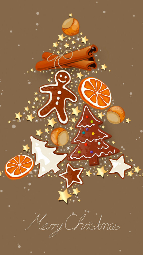 Festive Holiday Cheer - A Celestial Christmas Tree Adorned with Gingerbread Cookies, Cinnamon Sticks, and More on a Warm Brown iPhone Wallpaper
