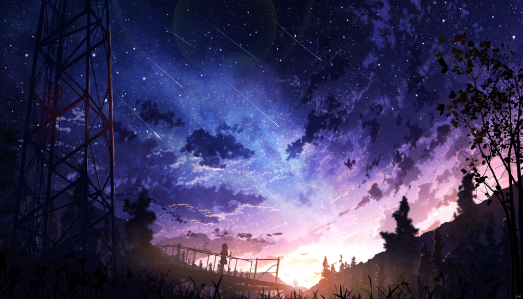 Wonders of the Night: A Mesmerizing Anime Sky Landscape with Shooting Stars and Enchanted Girl Wallpaper