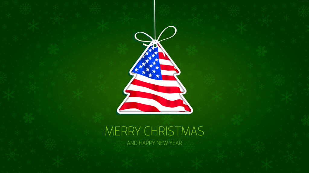 Patriotic Yuletide: Majestic 8k Pine Tree Adorned with American Flag on Deep Green Canvas - Festive 8k Christmas Wallpaper