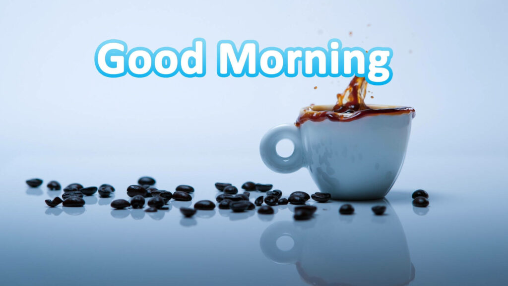 Good Morning wallpaper with coffee splash white cup roasted beans light blue minimalist background